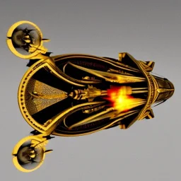 huge ornate spaceship made of brass flying through space, on fire, star trek