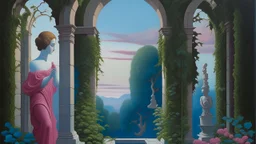 A surrealist oil painting features a brick wall with an arched window, through which a classical statue is visible. The statue, a white marble torso of a woman, sits in a garden setting with a lake and manicured hedges in the background. The sky is a gradient of pink and blue, suggesting either dawn or dusk. The window is barred, and ivy climbs up the sides of the brick wall. In the foreground, a black crow perches on the windowsill, holding a golden key in its beak. The painting employs a muted
