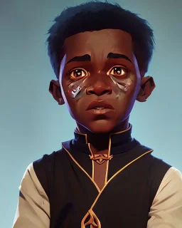 Portrait of a gorgeous black skinned toddler warlock boy with dark hair by Jim Kay