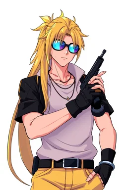 male cyberpunk solo with long hair tail, Norwegian, Wearing Leisureware and mirrored sunglasses, armed, wearing gloves without fingers, lean, nice, correct hands, 90s Anime Style, Retroanime, Video Game Character,
