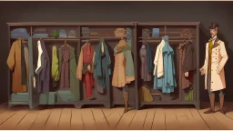 fantasy cartoon illustration: a cabinet full of new clothes for men in the 19th century