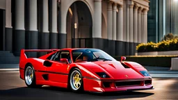 A sleekly designed (((Ferrari F40))), featuring contemporary styling elements reminiscent of modern supercars, with its signature aggressive contours and glossy finish, contrasting beautifully against a backdrop of a sunny, futuristic cityscape