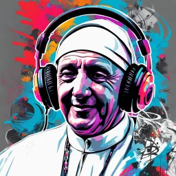 Illustrative sketch of Pope Francis in music with headphones, contrasting colors, ultra quality, hyper detailed, graffiti, concept art, maximalism, 8k