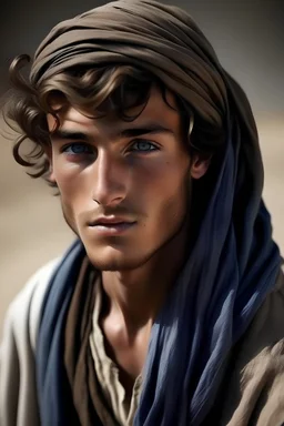 He was born in his twenties, with white, wheat-like skin, bright blue eyes, and very light freckles. He had very sharp, Arab features, and he laughed with his hair. It is dark brown and silkyHe wears heavy clothes because of the winter , but in elegant clothes