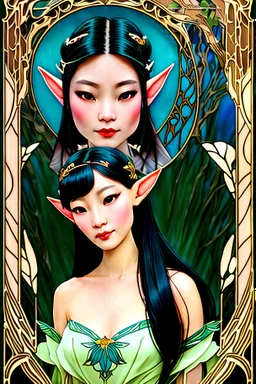 Art Nouveau art style A beautiful as a model asian woodland elf princess who looks like a young Lucy Liu seated on a throne in a mystical forest, photo-realistic