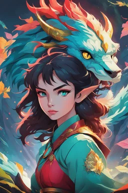 A dragon mixed with a mythical lion and a human female elf.Dramatic and powerful look and feel. Extensive attention to details. Bold lines. Vivid colors. 80s style retro anime art. Double exposure. cartoon style. abstract atyle