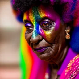 masterpiece, best quality, old woman, dark skinned, sparkling eyes, fluorescent skin, colorful makeup, afro, head shot, highly detailed body, sun light, 4K, RAW, depth of field, high contrast, realistic details, 24mm