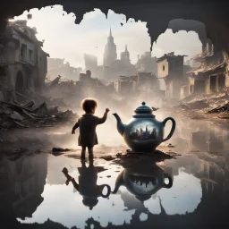 A teapot is shining and a laughing child is looking at it. The child’s image is reflected inside the teapot and behind the child is the reflection of a destroyed city.