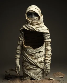 a mummy standing with wraps unraveling to reveal a hollow nothingness inside