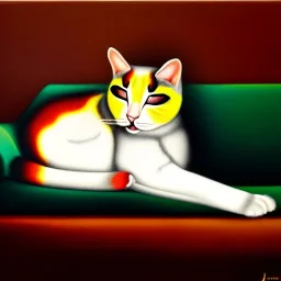 oil portrait of tricolor pattern Cat sleeping in a sofa by Julio Romero de Torres 8k