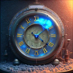 a blue crystal sand clock on an old table, scary, steam punk, realistic, made in octane, cinematic, ultra-realistic, extremely detailed octane rendering, 8K, VRAY Super Real ar 2:3, dof photorealistic futuristic 50mm lens hard lighting dark gray tintype photograph, realistic lighting