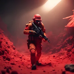 SCP-705 Militaristic Play-Doh, from SCP lore, military units and infantry, all made of red-like Play-Doh clay, infant and playful vibes, crazy lore, trending artstation HQ, masterpiece, 35mm, golden hour, cinematic lighting, art by Carl Spitzweg and Rob Zombie