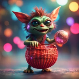 hairy groove funk ninja gremlin kobold strawberry beast hippie with long eyebrows holding disco ball like a basket ball,bokeh like f/0.8, tilt-shift lens 8k, high detail, smooth render, down-light, unreal engine