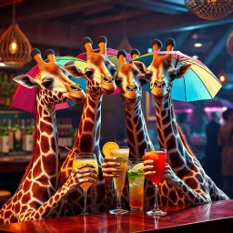very Gay Giraffes standing in a bar drinking drinks with umbrellas, pride, makeup,