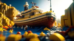 Surreal concept art of a lego image of the Poseidon Cruise Ship broken in half sinking down under water, epic, cinematic,