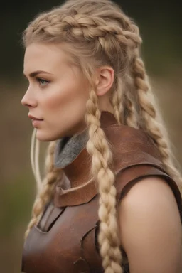 A beautiful woman with blond hair, viking braids Brown leather armor.