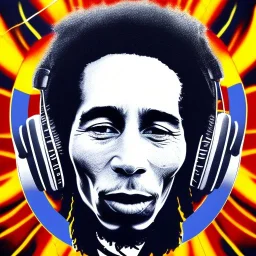 a realistic picture of Bob Marley with dreadlocks, at a turntable with headphones on being a DJ, jamaican color, with sunglasses, psychedelic trippy art, with UFOs in the background