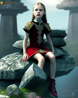 A young vampire girl sitting on a great stone throne,blood