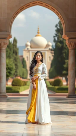 Create an ultra-realistic portrait of a young Iranian woman in Hafezieh (Tomb of Hafez) in Shiraz, Iran. The atmosphere is peaceful, quiet, and empty, with the beautiful tomb of Hafez clearly visible in the background, surrounded by Persian gardens, green trees, and traditional architecture. She is wearing a beautiful long white and canary yellow doll-like Iranian-inspired dress, elegant and dreamy, with a soft flowing fabric, delicate feminine design, and a charming romantic Persian style. The