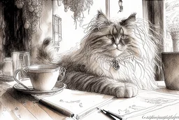 A pencil and charcoal line sketch, cute fluffy cat in coffeehouse in sunshine, intricate details and bold lines. beautiful Jean-Baptiste Monge Art Nouveau Steve Hanks Josephine Wall Thomas Wells Schaller Big water colour painting Ella du Cane Beautiful detailed eyes pastel patchwork line art Watercolor, pen and ink Maurice Miller and Faiza Maghni