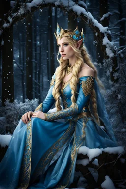 Elven princess,elven crown,long blonde golden hair,rapunzel hair,ice flowers,beautiful,light blue,dark blue,golden armor,sparkle,glitter,ice flowers,snow,elven ears,dark fairy princess