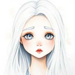 A young woman with long white hair, white eyebrows, light grey eyes, long eyelashes, very pale, ((very shy)), watercolor splotchy background, soft brushstrokes, intricately detailed, cute