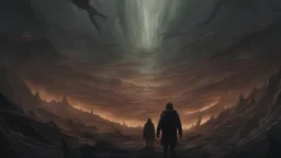 a medium quality illustration of (POV) high level entities, looking down on humanity in contempt and disgust, after humanity destroyed the world, leaving straggling survivors. apocalyptic, dark and eerie, supernatural beings, abstract art style, dramatic lighting, chaotic atmosphere, emotional impact, environmental destruction, powerful and ominous, detailed textures, digital painting.