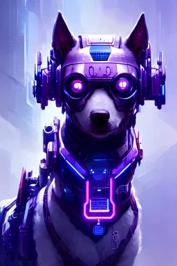 a beautiful portrait of a cute cyberpunk dog by greg rutkowski and wlop and sandra chevrier, purple blue color scheme, high key lighting, volumetric light, digital art, highly detailed, fine detail, intricate, ornate, complex, octane render, unreal engine, photorealistic