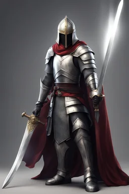 photorealistic holy knight paladin wearing a cape wielding a greatsword