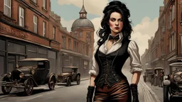 full-height portrait of a woman with straight shoulder-length black hair, with metal arms and legs, dressed in leather trousers, and a waistcoat, in a busy Victorian street next to a steampunk car