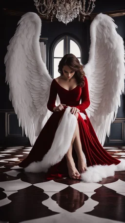 White wings, scissors, red dress on a luxurious velvet floor. Cinematic photo