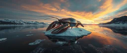 airbrush 3d rendering, close up chrome cd lobster space ship on small frozen island in lake, pinhole cam