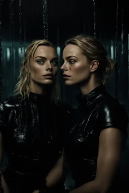 Margot Robbie and Georgia Henshaw in full black leather, trapped in a flooding chamber as water comes up to their necks.
