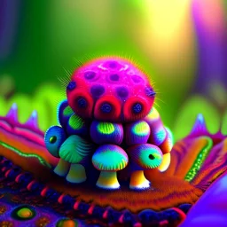 Fuzzy cute psychedelic caterpillar sitting on a forest floor mushroom, hyper realistic. psychedelic, baroque, photorealistic