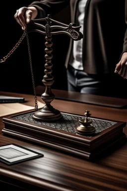 The scales of justice are placed on a desk and a person