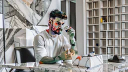 guy on phone at marble tabletop with empty delivery box