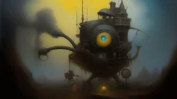 1970's dark fantasy cover dnd style oil painting of a Tinguely machine in the mist.