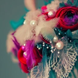 delicate bouquet of lace pearls and feathers, chiaroscuro, vivid colors, festive colors, dramatic lighting, beautiful composition, aesthetic layout