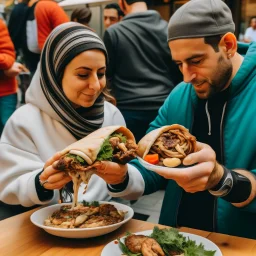 Two people, including a shawarma meal, are looking at it