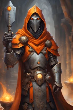 A realistic and photographic warforged cleric of Moradin that looks like a human, with a hood and cloak that are orange, without pauldrons, with some orange color, without a hammer, without a sword, with a warhammer in the right hand and magic with runes in the other, with a medieval battle background, with a more robotic face, with less detailed armor and face, being in the middle of a fight, with shinier armor and a backpack, with more realism and photorealism, with less details on the armor,
