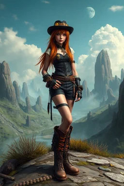 Photorealistic full-height photo of a skinny girl in steampunk clothing and boots with long, dark ginger hair in a fantasy landscape