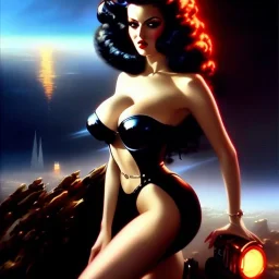 portrait of beautiful busty Retro Futuristic Pin-Up painting by azpiri,Brom,Luis Royo,evan lee oil on canvas, cinematic composition, extreme detail,fit full head inside picture