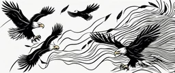 energetic lines blowing across the composition, eagle chasing smaller birds on the right, a few feathers trailed behind, vector black on white