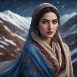 Hyper Realistic close-up-view of a Gorgeous-Young-Pashto-Women-with-beautiful-blue-eyes whirling wearing blue-grey-dress & beige-shawl-with-maroon-embroidery on mountains at snowfall night withy dramatic & cinematic ambiance