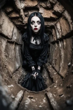 Closeup tall Girl goth with big eyes, ragged clothes, fullbody, inside valve claustrophobic, the perspective looking up from the bottom of an empty well , 8k,macro photography,