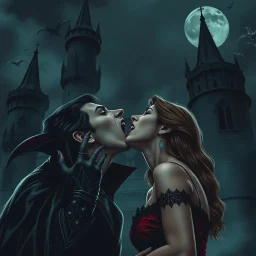 a dark castle, gothic style, a vampire biting a beautiful young woman's arched throat