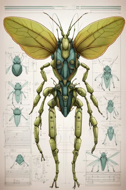 Hand drawn technical illustration , with detailed blueprints and engineering schematics of a robotic walking leaf insect girl, with highly detailed facial features, drawings, and technical notation, 8k, vibrant natural colors