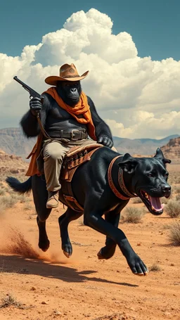 A gorilla with cowboy hat riding holding a gun on a Great Dane black dog running in the desert , a cloudy wether in the background