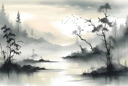 beautiful lake sunrise on a misty morning. in the hieght of fall. Gothic Vintage Watercolour art. Chinese watercolor. Monochrome. Various of view