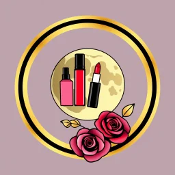 A circular logo designed for a cosmetics store with the symbol of the moon, which is decorated with cosmetics and nail polish, lipstick, body spray, and with a rose at the bottom, and gold, black, red, pink, and red colors are used in it.